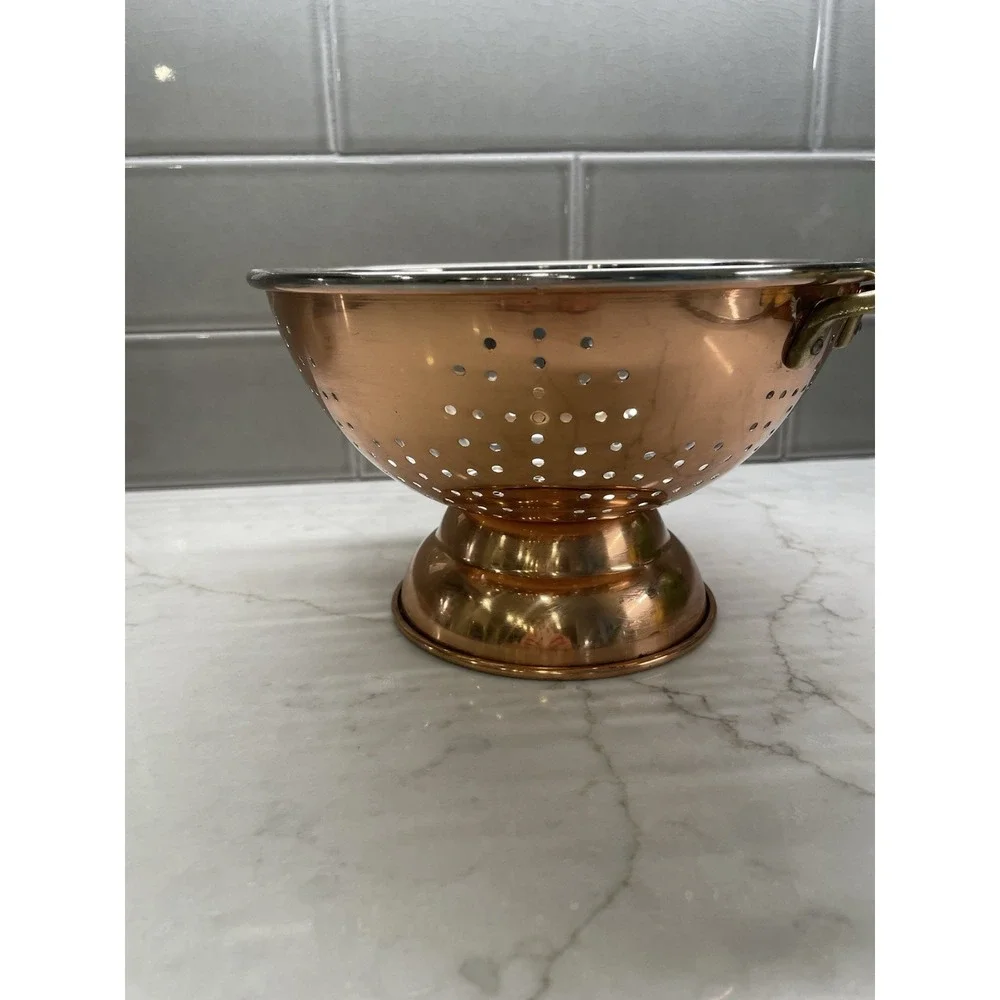 Vintage Solid Korean Copper Colander Footed Strainer Brass Handles Farmhouse 9
